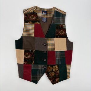 Lizsport Patchwork Vest Women 6‎ Corduroy Tweed Leather Buttons Dark Academia